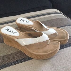 White flip flop wedge sandals
